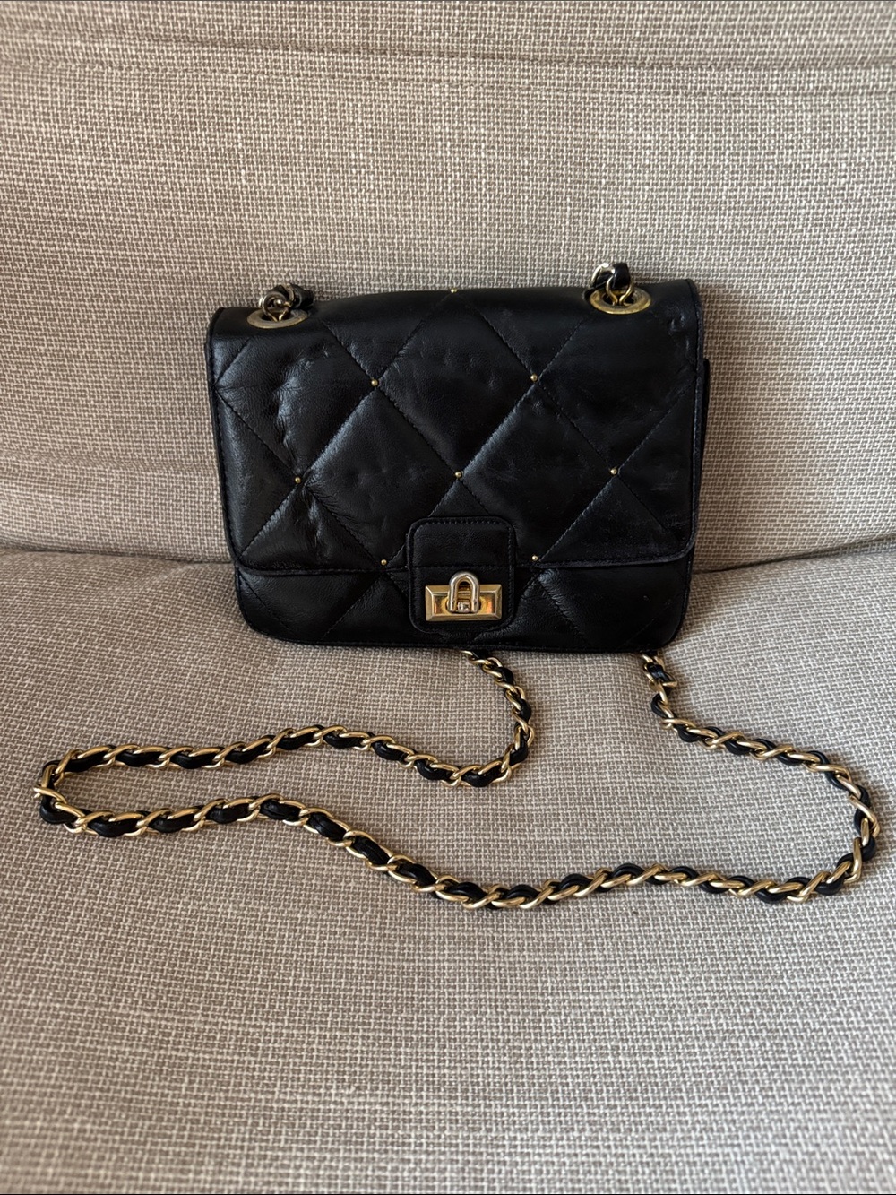 Black Quilted Crossbody Bag with Gold Chain Strap